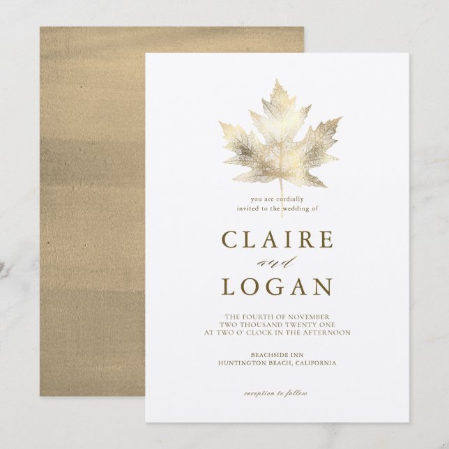 Gold Maple Leaf White Wedding Invitation (Front/Back)
