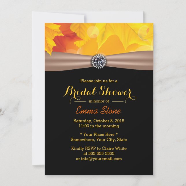 Gold Maple Leaves & Diamond Autumn Bridal Shower Invitation (Front)