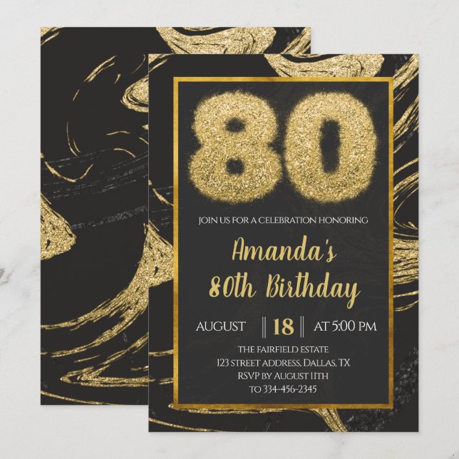 Gold Marble 80th Birthday Invitation (Front/Back)