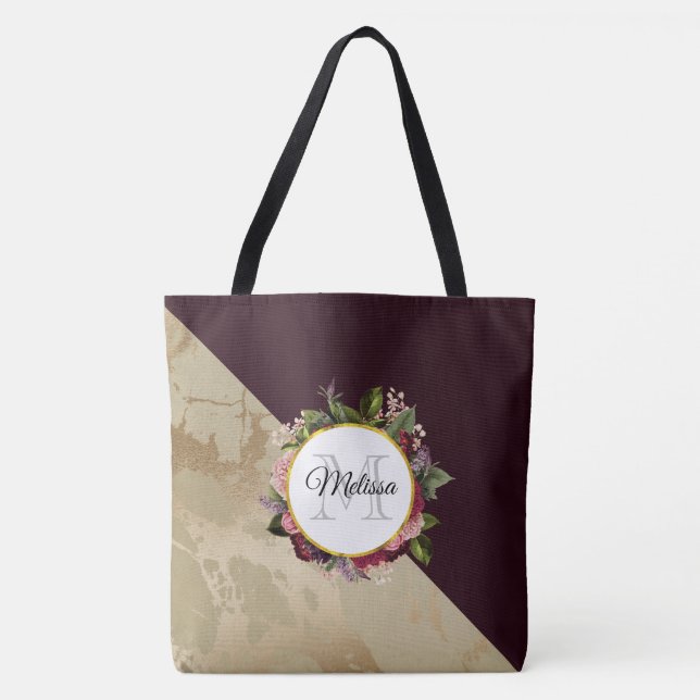 Gold Marble and Burgundy Floral Monogram Tote Bag (Front)