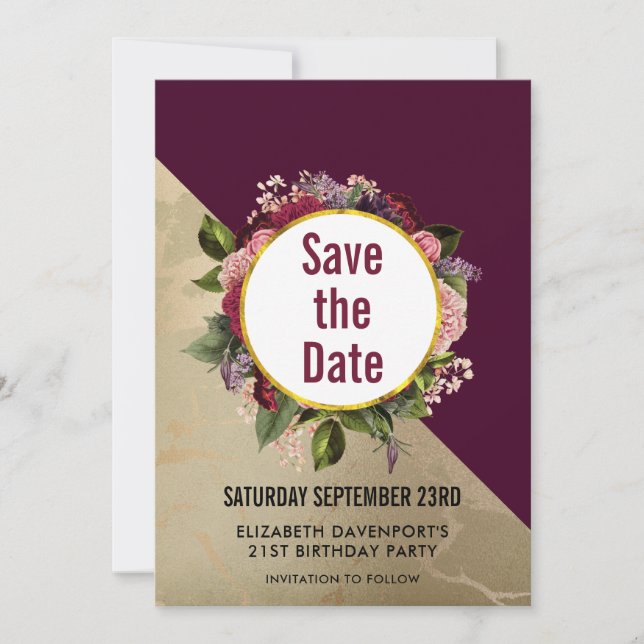 Gold Marble and Burgundy Floral Save the Date (Front)