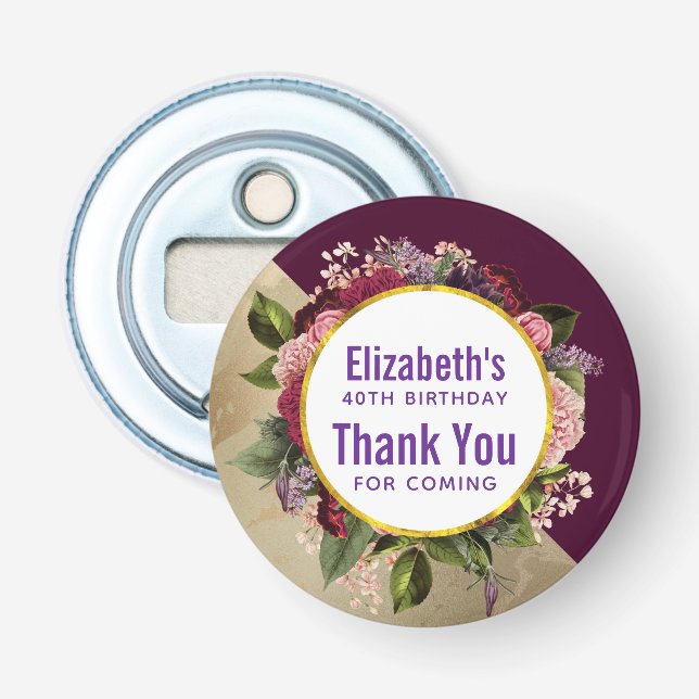 Gold Marble and Burgundy Florals Birthday Favour Bottle Opener (Front)