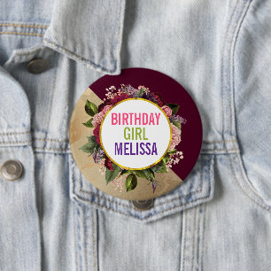 Gold Marble and Burgundy Florals Birthday Girl 10 Cm Round Badge