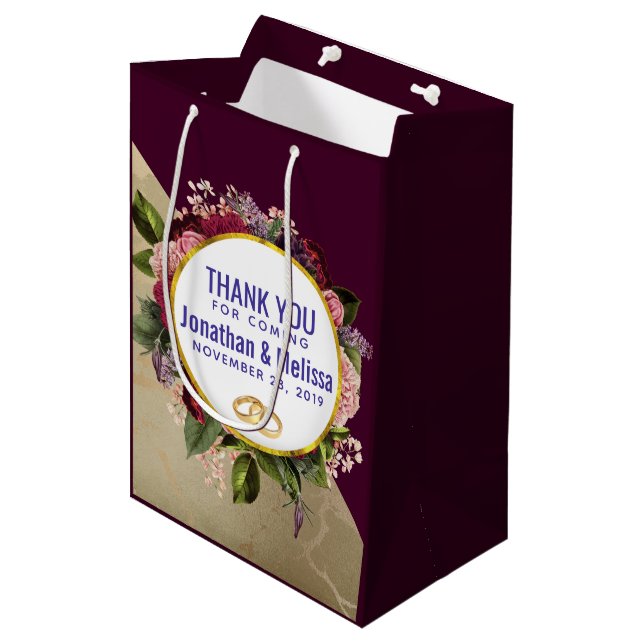 Gold Marble and Burgundy Florals Wedding Favour Medium Gift Bag (Front Angled)