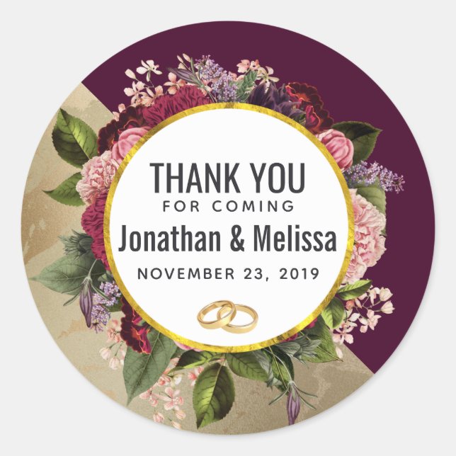 Gold Marble and Burgundy Florals Wedding Thanks Classic Round Sticker (Front)