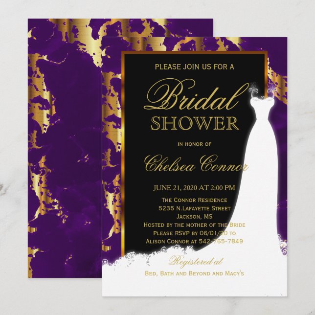 Gold Marble, Black and Purple Bridal Invitation (Front/Back)
