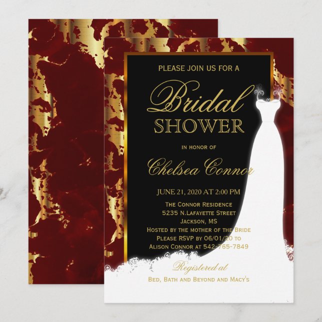 Gold Marble, Black and Red Bridal Invitation (Front/Back)