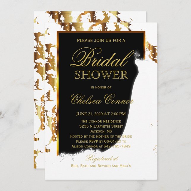Gold Marble, Black and White Bridal Shower Invitation (Front/Back)