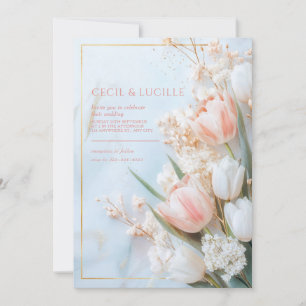Gold Marble Blush Pink Tulip Spring Wedding Invitation