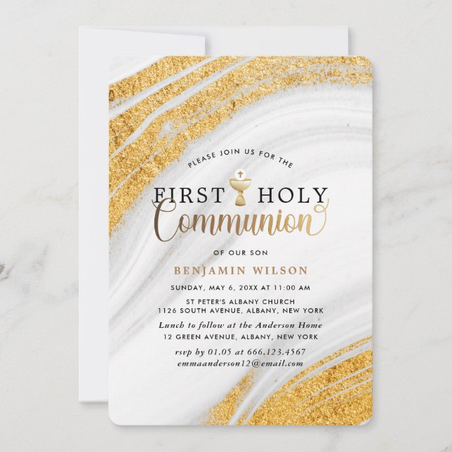 Gold Marble Boy First Holy Communion Invitation (Front)
