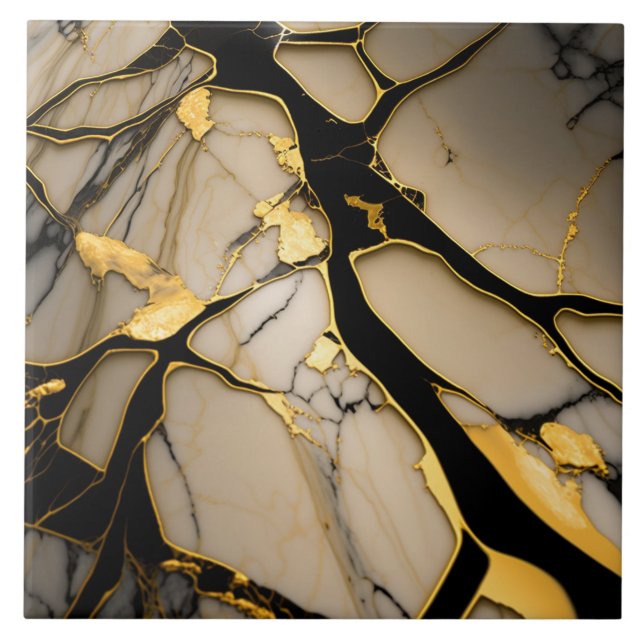 Gold Marble Ceramic Tile Black Crystalline Veins (Front)