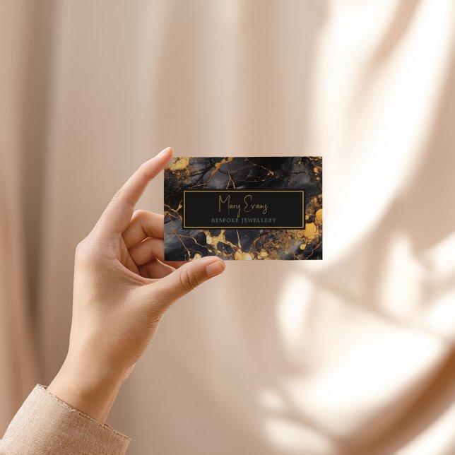 Gold marble effect business card (Black marble business card with gold script and elegant frame.)