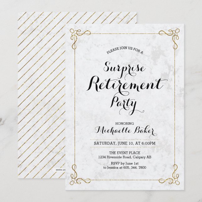 Gold & Marble | Elegant Surprise Retirement Party Invitation (Front/Back)