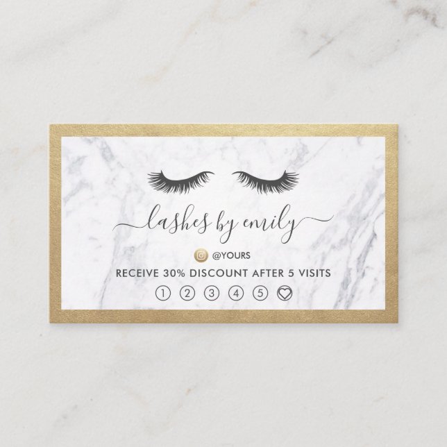 Gold & Marble Eyelash Beauty Specialist Loyalty Business Card (Front)