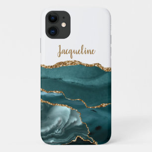 Gold Marble Geode Teal Aqua Blue Modern Name iPhone 11 Case
