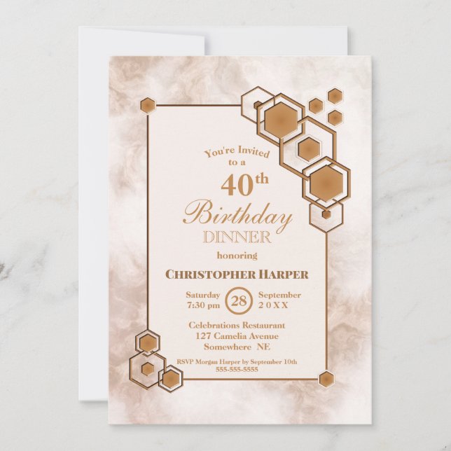 Gold Marble Geometric 40th Birthday Dinner Party Invitation (Front)
