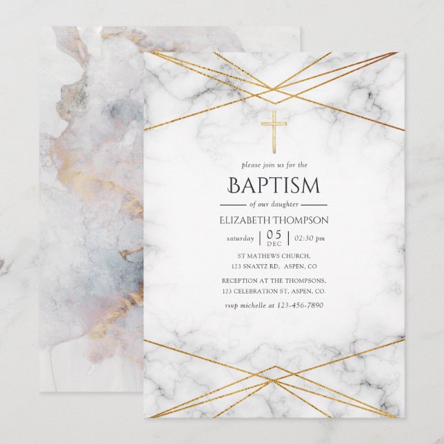 Gold Marble Geometric Baptism Invitation (Front/Back)