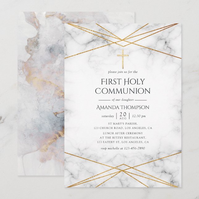 Gold Marble Geometric First Holy Communion Invitation (Front/Back)