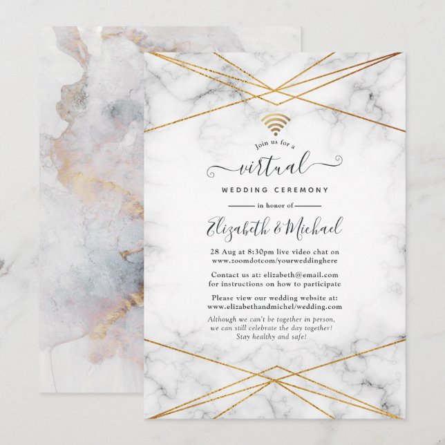 Gold Marble Geometric Online Virtual Wedding Invitation (Front/Back)
