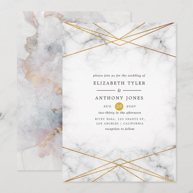 Gold Marble Geometric Wedding Invitation (Front/Back)
