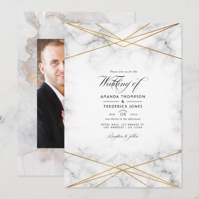 Gold Marble Geometric Wedding Photo Invitation (Front/Back)