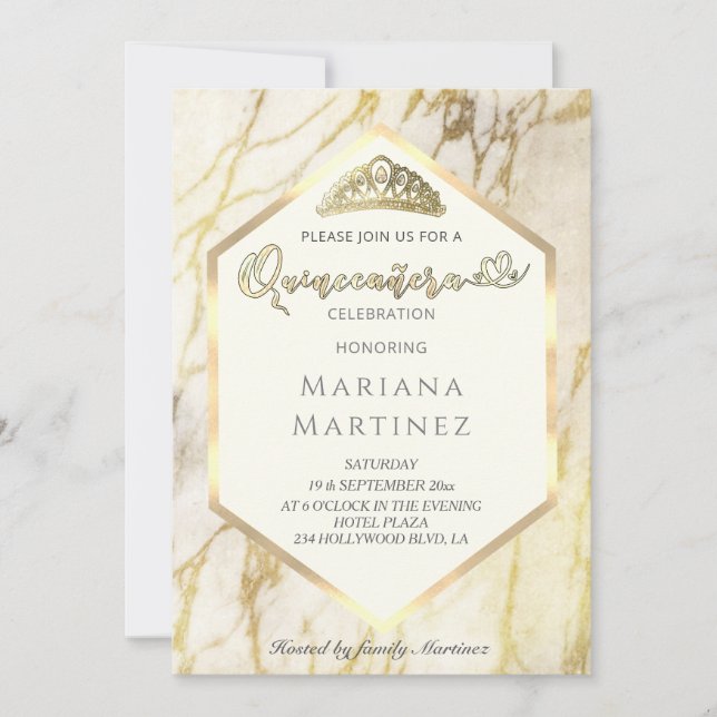 Gold marble geometrical calligraphy Quinceañera Invitation (Front)