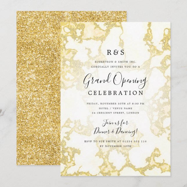 Gold Marble Glitter Corporate Grand Opening  Invitation (Front/Back)