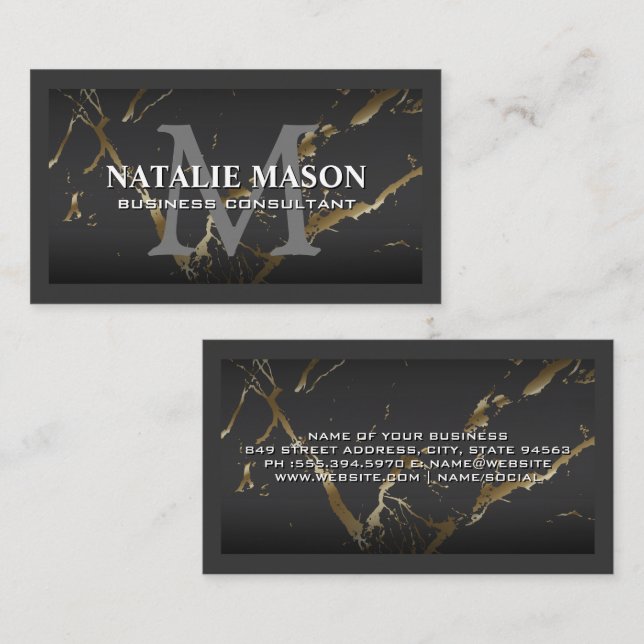 Gold Marble Grey | Monogram Business Card (Front/Back)