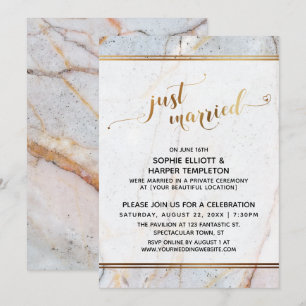 Gold Marble Just Married Calligraphy Hearts Invitation