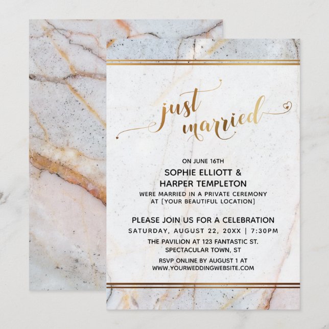 Gold Marble Just Married Calligraphy Hearts Invitation (Front/Back)