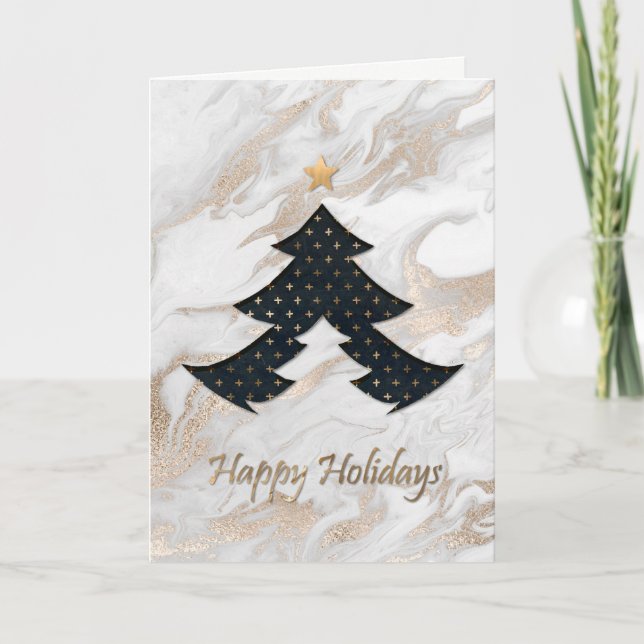 Gold Marble Modern Christmas Tree Card (Front)