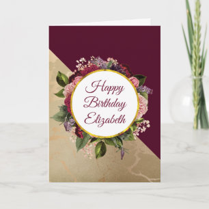 Gold Marble Pattern and Burgundy Floral Birthday Card