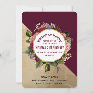 Gold Marble Pattern and Burgundy Floral Birthday Invitation