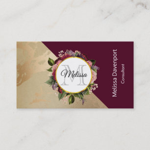 Gold Marble Pattern and Burgundy Floral Monogram Business Card
