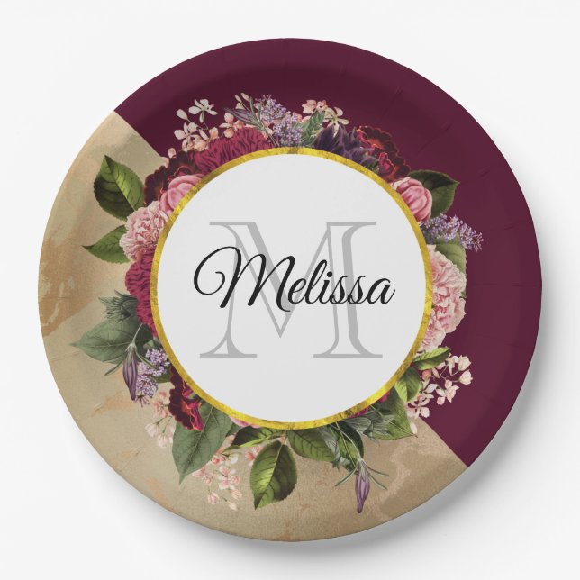Gold Marble Pattern and Burgundy Floral Monogram Paper Plate (Front)