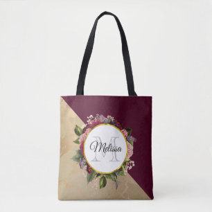 Gold Marble Pattern and Burgundy Floral Monogram Tote Bag