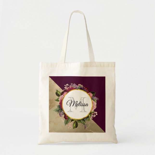 Gold Marble Pattern and Burgundy Floral Monogram Tote Bag (Front)