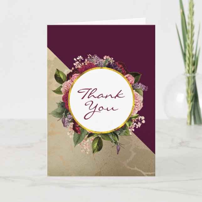 Gold Marble Pattern and Burgundy Floral Thank You Card (Front)