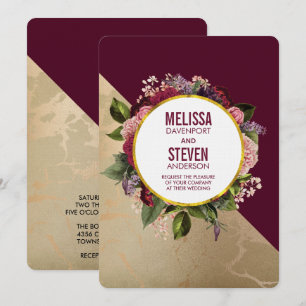 Gold Marble Pattern and Burgundy Floral Wedding Invitation