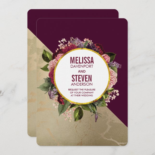 Gold Marble Pattern and Burgundy Floral Wedding Invitation (Front/Back)