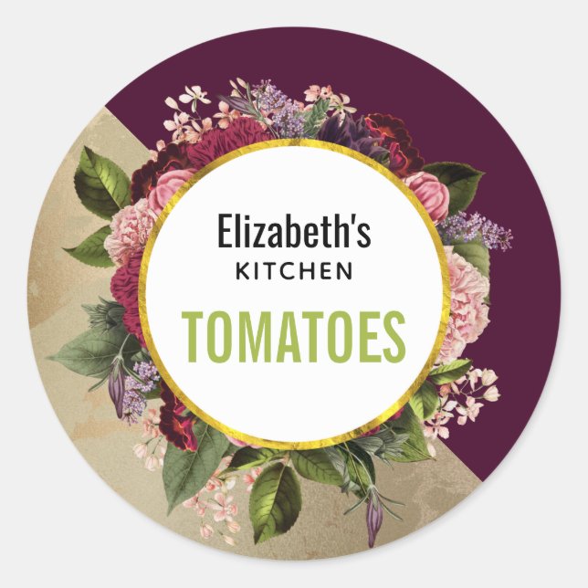 Gold Marble Pattern and Burgundy Florals Kitchen Classic Round Sticker (Front)
