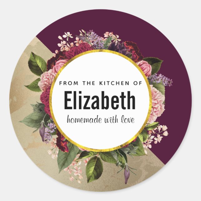 Gold Marble Pattern and Burgundy Florals Kitchen Classic Round Sticker (Front)