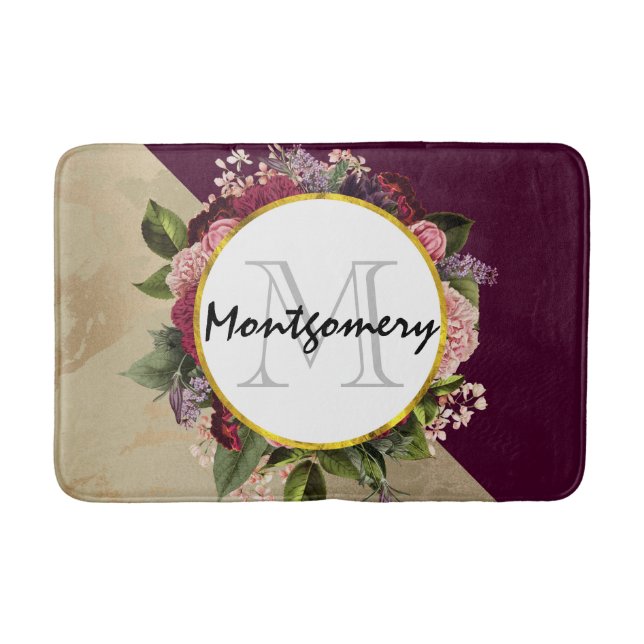 Gold Marble Pattern and Burgundy Florals Monogram Bath Mat (Front)