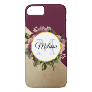 Gold Marble Pattern and Burgundy Florals Monogram iPhone 8/7 Case