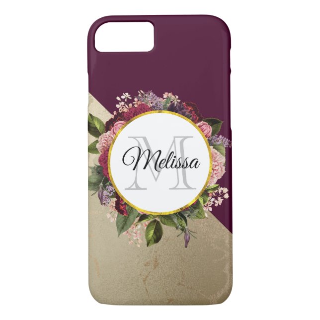 Gold Marble Pattern and Burgundy Florals Monogram Case-Mate iPhone Case (Back)