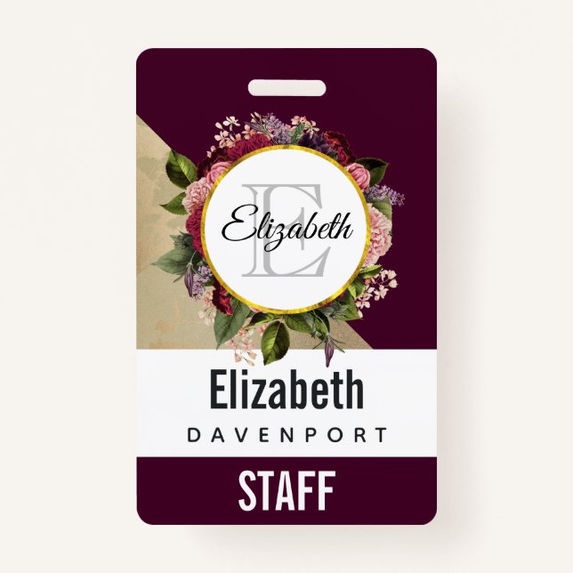 Gold Marble Pattern and Burgundy Florals Monogram ID Badge (Front)