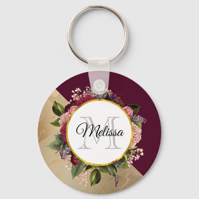 Gold Marble Pattern and Burgundy Florals Monogram Key Ring (Front)