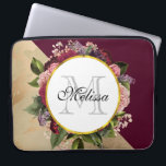 Gold Marble Pattern and Burgundy Florals Monogram Laptop Sleeve<br><div class="desc">A laptop bag with a golden marble pattern and a solid burgundy colour layered diagonally together. A circle with a faux gold foil border which is layered over a pretty floral bouquet with roses, carnations and other flowers. Personalise with your name and monogram inside the circle.</div>