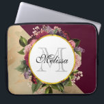 Gold Marble Pattern and Burgundy Florals Monogram Laptop Sleeve<br><div class="desc">A laptop bag with a golden marble pattern and a solid burgundy colour layered diagonally together. A circle with a faux gold foil border which is layered over a pretty floral bouquet with roses,  carnations and other flowers.  Personalise with your name and monogram inside the circle.</div>