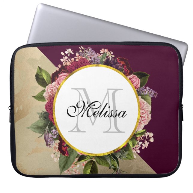 Gold Marble Pattern and Burgundy Florals Monogram Laptop Sleeve (Front)